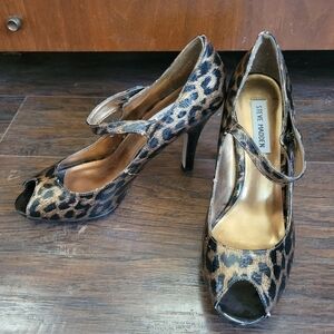 Steve Madden Heels Peep Toe Black Brown Leopard 8.5